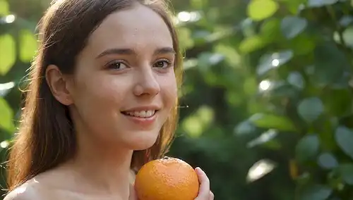 Una mujer joven con una suave sonrisa, rodeada de exuberante vegetación, sosteniendo una naranja madura, con sutiles rayos de luz solar filtrando a través, acompañado de unos delicados pétalos de rosa, y un ligero toque de gotas de agua brillando en su piel