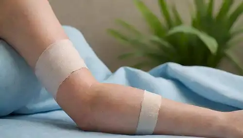 una persona con una herida vendada en su brazo, un fondo tranquilo y sereno, una fuente de luz suave, elementos naturales como plantas o flores cercanas, colores relajantes como azul o verde, un sentido de paz y curación, una textura sutil para representar la piel o tela, sin distracciones o líneas afiladas