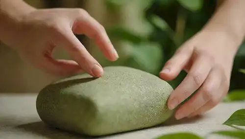 Una mano suave aplicando una compresa de té verde a un corte menor, con un enfoque suave en la piel circundante, rodeado de vegetación exuberante y una luz natural cálida, con un fondo sutil borroso de flores o hojas