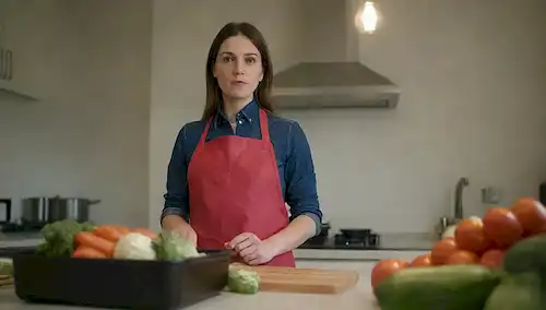 Una persona de pie en una cocina con un congelador detrás de ellos, sosteniendo una bolsa de verduras congelada y una sartén en la estufa de verduras frescas en un mostrador