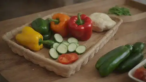 Verduras siendo picadas en tiras de julienne, calabacines y pimientos de campana prominentemente exhibidas, verduras congeladas en una cesta o recipiente, hierbas frescas diseminadas alrededor, fondo de cocina rústica con utensilios de madera y tonos terrenales