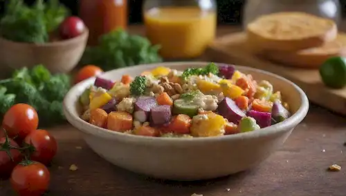 Un plato vibrante de verduras coloridas, congeladas y descongeladas, dispuestas artísticamente con hierbas frescas, iluminación suave que arroja sombras cálidas, bordes crujientes dorados en algunas verduras, una rociada de queso o nueces añadiendo textura, un fondo de cocina rústica con tonos terrosos, una tabla de corte de madera caliente, un frasco de vidrio o un tazón en la esquina, una mano de chefs visibles