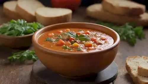 Un cuenco cálido y dorado lleno de sopa de verduras congeladas vibrantes y coloridas, adornado con hierbas frescas y pan crujiente en el lado, con un fondo rústico de madera, con algunas verduras dispersas alrededor de los bordes, emitiendo un aroma a vapor