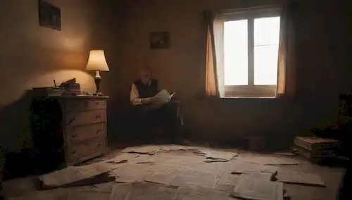 Una persona sentada en una habitación desordenada con viejos libros y periódicos