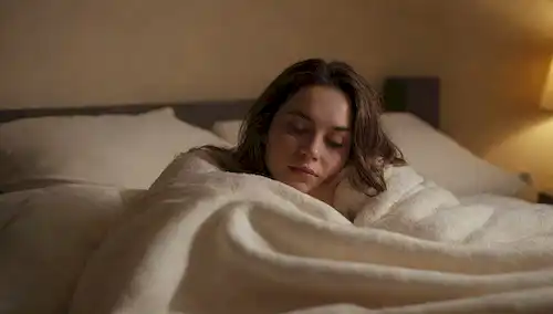 Una persona rodeada de suaves y cálidas luces, se deslizaba en una manta acogedora, con unas almohadas dispersas cerca; un ambiente tranquilo y sereno; un fondo sutil con pliegues suaves o arrugas; un sentido de seguridad y tranquilidad
