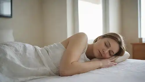 ilustración 3D de una persona durmiendo en un colchón frío en un dormitorio lleno de luz con ventanas abiertas, un ventilador cerca, un termómetro que muestra una baja temperatura y una expresión facial relajada