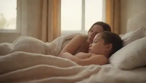 Una acogedora escena del dormitorio con una madre y un padre acostados juntos, un bebé durmiendo entre ellos, mantas suaves, iluminación suave, una paleta de color calmante, una sutil pista de amanecer de la mañana fuera de la ventana, ambiente tranquilo, calor, intimidad, unión familiar