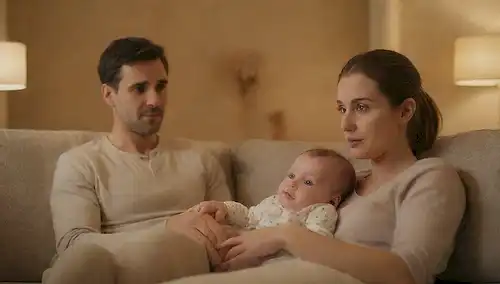 2 adultos, 1 bebé, acogedor salón, iluminación suave, ambiente suave, muebles cómodos, colores sutiles, fondo tranquilo, tono cálido, vínculo familiar