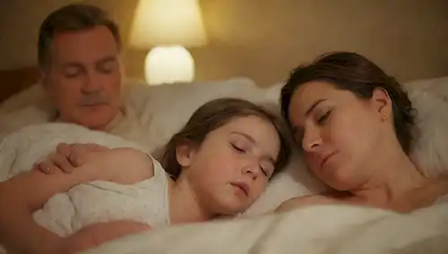 2 padres que sostienen a un bebé dormido en su cama, iluminación suave, ambiente acogedor, almohadas y mantas dispuestas para la comodidad, momento tranquilo, expresión amorosa en las caras de los padres