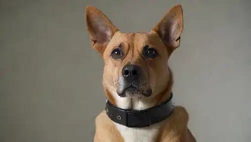 Un disparo de cerca de un perro que llevaba un cuello eléctrico con sus orejas encendidas, mirando ansioso; un fondo neutro sin distracciones u otros objetos visibles; el cuello emitiendo un resplandor débil o chispas; los perros cola se aterrizó entre sus piernas; un efecto de sombra sutil para transmitir una sensación de descontento