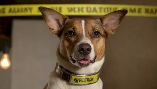 Un disparo de cerca de un perro feliz usando un collar eléctrico