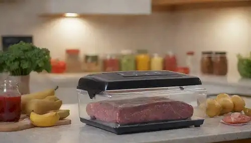 máquina selladora de vacío en una encimera con varios contenedores y bolsas de alimentos