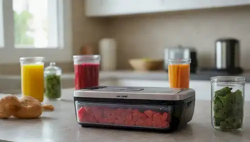 Un dispositivo de sellador de vacío en un entorno de cocina casera, con un recipiente de vidrio transparente o tarro, diversos artículos de comida y utensilios cercanos, mostrando los dispositivos versatilidad y facilidad de uso