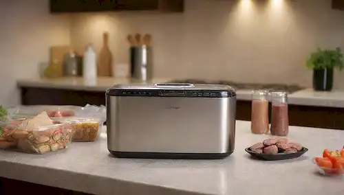 Modelo 3D de máquina FoodSaver en una encimera de cocina, rodeada de paquetes de alimentos con tapas selladas al vacío, con una estación de carga de smartphone en el fondo, unos pocos utensilios y un cuenco de mezcla cerca, iluminación caliente desde arriba, sombras suaves, colores realistas