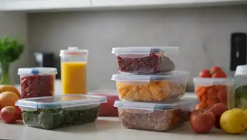 Contenedores de alimentos sellados con vacío con varios tipos de alimentos como frutas, verduras y carnes, en un mostrador de cocina, con una bomba de vacío y materiales de embalaje cercanos, un fondo limpio y moderno, y una sensación de frescura y organización