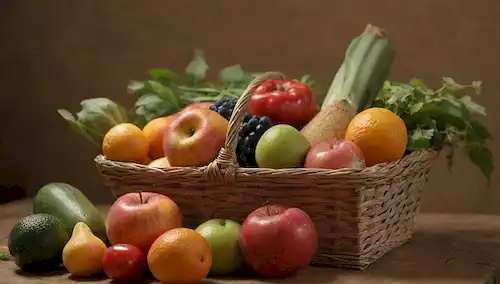 Una foto vibrante de fruta fresca y verduras en una canasta de mercado, rodeada de cálida iluminación, con sombras sutiles, en una mesa de madera rústica, con algunas hojas o flores agregadas para transmitir la integridad y la naturalidad