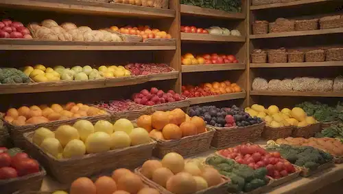 Una escena colorida, brillante y acogedora con una variedad de frutas y verduras frescas, canastas de pan y filas de estantes bien arreglados, con un efecto de iluminación cálido, una textura sutil de fondo, y un toque de modernidad