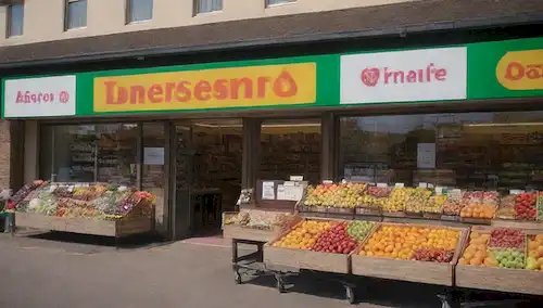 2 supermercados, estantes con productos frescos, cestas y carritos llenos de alimentos, contador de salida, caja registradora, empleado de la tienda, pasillos de compras, entrada de la puerta de cristal, una soleada escena callejera, gente caminando, una fachada de edificio con los logotipos de tiendas, frutas coloridas, flores vibrantes, cajas de bienes, un ambiente acogedor