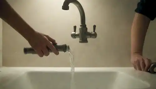 una tubería de fontanería, agua fluyendo, un coágulo, un émbolo, una llave inglesa, un drenaje, un lavabo, agua salpicadura, aumento de vapor, una mano de mujer