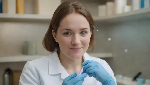 Una persona sonriente que lleva guantes y una máscara