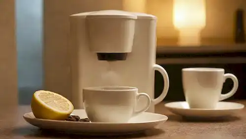 Un limpiador de café blanco con vapor que sube de su chorro, una taza y un platillo colocado a su lado, una rebanada de limón en un pequeño plato, una bolsa de frijoles de café recién molidos en el fondo, luz de oro caliente iluminando la escena, un toque de crema de café en el borde de la taza