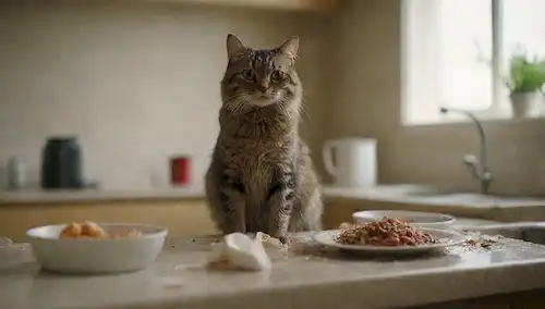 Un gato de pie en una encimera de cocina