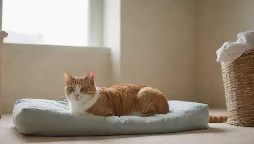 una sala de estar serena con un gato saltando sobre un cojín suave, una cesta de la ropa en el fondo, unos juguetes dispersos alrededor, la luz del sol fluyendo a través de la ventana, una paleta de color calma