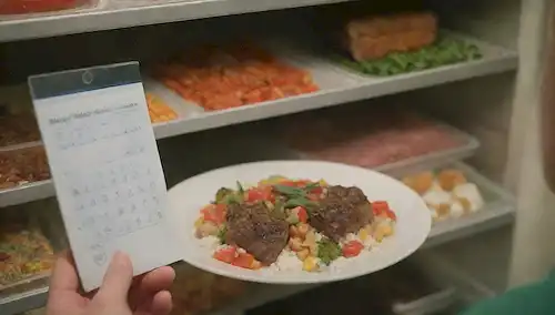 Un plato de comida congelada con vapor subiendo de él, un chef en el fondo que comprueba la temperatura del congelador, un calendario con fechas de caducidad destacadas, un contenedor lleno de comidas congeladas bien embaladas y etiquetadas, una mano con un raspador de hielo, un estante lleno de verduras y carnes congeladas, un termómetro que muestra -18°C