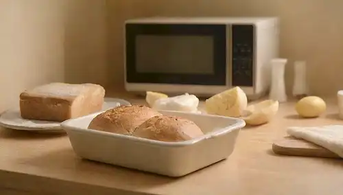 Pan recién horneado con mantequilla fundida junto a un microondas descongelante con una caja de comida congelada en la parte superior