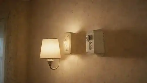 Interior de estilo 50 con electrodomésticos retro, accesorios de luz antiguos, tomas de corriente tradicionales, fondos de pantalla gastados y una lámpara central con cableado expuesto, en medio de un ambiente polvoriento y anticuado