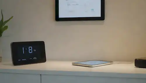Un hogar moderno con un medidor digital elegante, un plug inteligente, una tableta o un smartphone que muestra datos de uso de energía, una lámpara o un dispositivo en uso, luz natural, un ambiente tranquilo y limpio, sencillez, innovación, tecnología, eficiencia, precisión