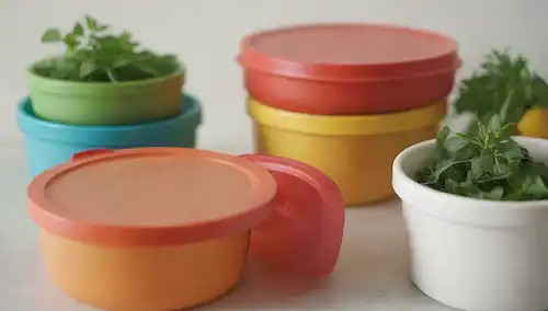 3-4 contenedores coloridos llenos de varios alimentos