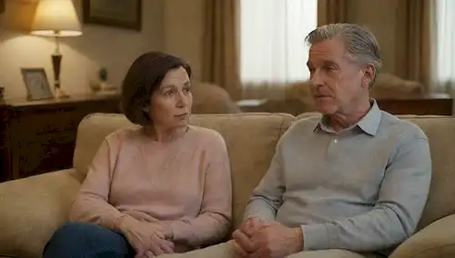 Una pareja suave y madura sentada en un sofá en un salón cálido y acogedor, rodeado de heirlooms familiares, con un sutil toque de herencia en el fondo, transmitiendo confianza, serenidad y tranquilidad