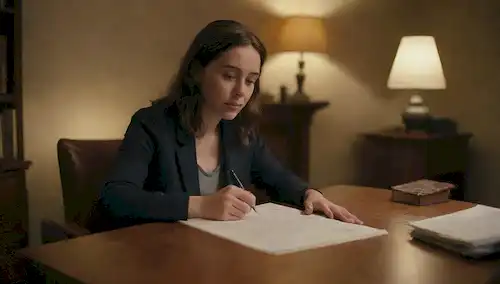 una persona sentada en un estudio o oficina en casa, rodeada de libros y papeles, sosteniendo un bolígrafo y un documento, con un esbozo débil de una voluntad o testamento en el fondo, en medio de una iluminación cálida y acogedora, transmitiendo sentido de confianza y responsabilidad