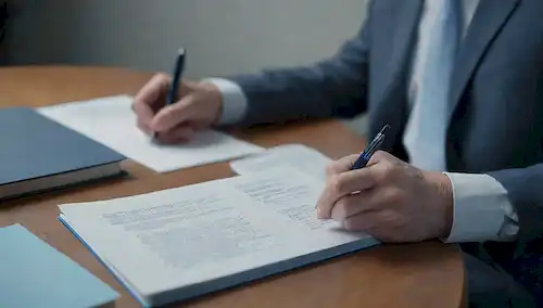Una persona sentada en un escritorio, sosteniendo un bolígrafo y papel, con una pila de libros y documentos en el fondo, rodeado de un sutil gradiente de gris y azul, transmitiendo un sentido de profesionalidad y atención al detalle