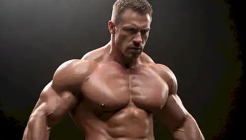 El culturista masculino musculoso en la acción pose, los músculos flexivos, con una expresión fuerte y poderosa, rodeado de rayos de luz sutiles, colocados contra un fondo oscuro o mudo, con líneas y texturas audaces para representar fuerza y energía