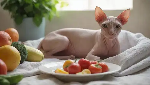 ilustración 3D de un gato Sphynx acostado en una manta suave, rodeado de frutas y verduras frescas, con un tazón de agua y un plato de golosinas saludables cerca, y una sutil pista de la luz del sol fluyendo a través de una ventana