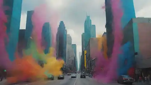 Obras expresionistas abstractas, pinceladas giratorias de colores vibrantes, futurista paisaje urbano en el fondo, estilo pintoresco generado por AI, sutiles manchas digitales, esbozos débiles de figuras humanas, atmósfera soñada