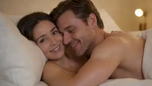 Una pareja abrazando en la cama con una sonrisa sutil