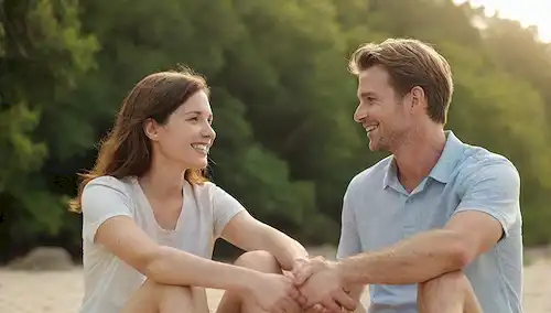 Una pareja relajada sentada en una playa, sosteniendo las manos con una sutil sonrisa, rodeada de exuberante vegetación con un toque de sol, transmitiendo serenidad e intimidad; Un ambiente tranquilo y sereno con colores relajantes para evocar sentimientos de tranquilidad; Enfoque suave e iluminación natural para crear un sentido de calidez y coziness