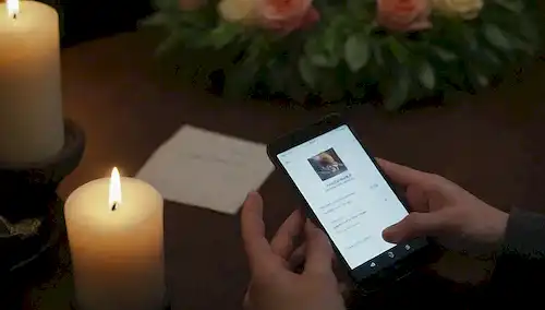 Las manos de las personas sostienen un teléfono inteligente con una pantalla cerrada, una declaración bancaria o detalles de la cuenta en el fondo, una corona fúnebre o flores cercanas, un ambiente solemne, colores oscuros, un resplandor sutil del teléfono, un sentido de intimidad y vulnerabilidad, un indicio de incertidumbre