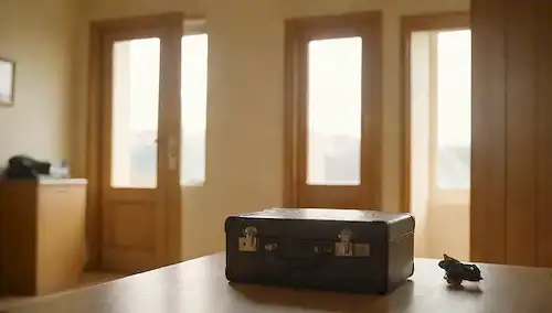 Una casa, llaves y una maleta sobre una mesa, con una persona sonriente en el fondo, rodeada de puertas y ventanas abiertas, con luz solar y sombras, transportando libertad y alivio