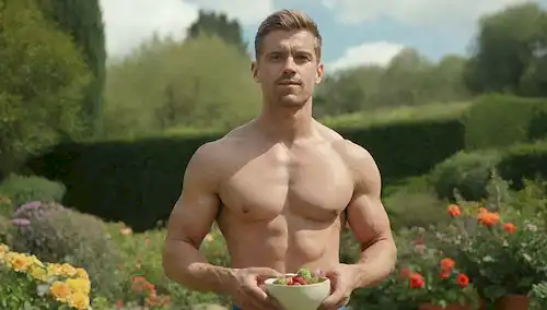 Hombre vegano de cuerpo fuerte flexionando en un entorno de jardín, rodeado de vegetación exuberante, flores vibrantes y plantas desbordantes, sosteniendo un tazón de frutas o verduras, con un fondo sutil desvanecerse al cielo azul
