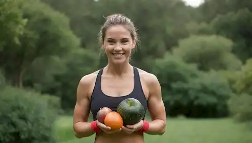 Una mujer musculosa y sonriente con un físico fuerte, usando ropa activa, posando en un fondo natural, rodeada de vegetación exuberante, sosteniendo un montón de frutas y verduras frescas, con algunos pesos o timbres en primer plano