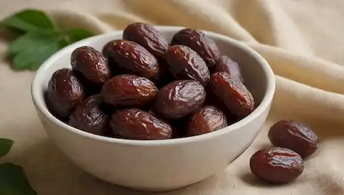 fechas maduras en un tazón con hojas verdes frescas, luz dorada cálida, fondo calmante con textura sutil, puntas mínimas como una pequeña placa o tela de lino, enfatizando las frutas belleza natural, y transmitiendo frescura y solidez