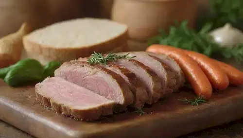 Un cierre de tono cálido de un plato de cerdo lento con carne tierna, huesos jugosos y verduras suaves rodeado de pan crujiente y hierbas frescas, en una tabla de corte rústica de madera o placa de barro