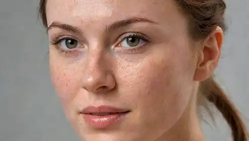 30-algo mujer con piel justa, pecas sutiles y suave sonrisa; ella tiene una pequeña área en su mejilla con suave cicatrices de acné, y otra mancha en su frente con arrugas finas; su tono de piel es uniforme y radiante; el foco está en el dispositivo microneedling en su mano, con agujas delicadas y alambres finos como hilo; el fondo es suave y cremoso, posiblemente con una textura sutil