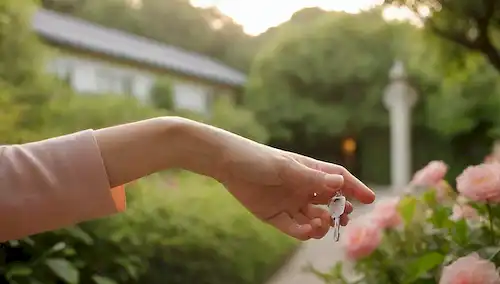 Una foto de un ambiente en casa sereno con una iluminación cálida, con una persona que entrega una llave a otra, rodeada de exuberante vegetación y flores vibrantes, con un sutil borrón de fondo y un sentido de tranquilidad