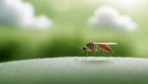 ilustración 3D de un mosquito con un ceño fruncido, acostado a su lado frente a una persona tranquila, fondo verde suave con un patrón de nube sutil