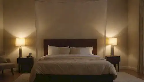 Un dormitorio oscuro y tranquilo con una cama centrada en el marco, una mosquitera cubriéndola, una lámpara en una mesita de noche, unas cuantas almohadas arregladas con cuidado, una manta suave envuelta sobre el borde, un resplandor sutil de una ventana, sombras echadas sobre las paredes, y sin señales de desorden o desorden
